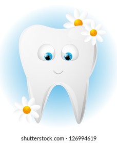Funny tooth character with daisies