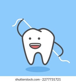 Zahn-Charakter mit Zahnseide, Mundpflege und Zahnpflege, Zahn mit Dentalfaden, Vektorgrafik