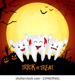 Funny tooth character with pumpkin in moon night. Trick or treat, Happy Halloween concept. Illustration for banner, poster, greeting card