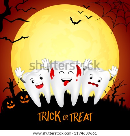 Funny tooth character with pumpkin in moon night. Trick or treat, Happy Halloween concept. Illustration for banner, poster, greeting card