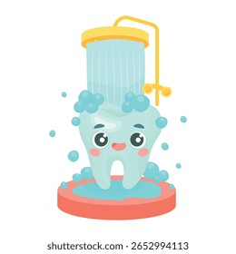 Funny tooth character taking a shower. Dental hygiene concept. Cute illustration for children about oral care
