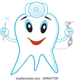 Funny tooth dentist with tools on white background