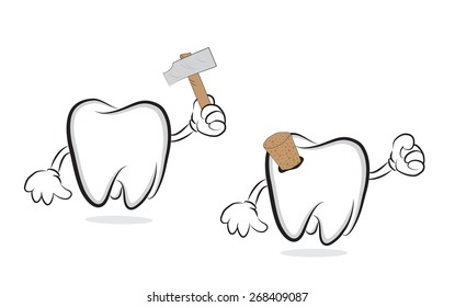 Funny tooth with hammer chasing another tooth to fix cavities