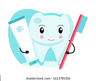 Funny tooth is holding a toothbrush and toothpaste. National Dental Hygienemonth, week, day. Dentistry concept vector for children.