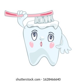 Funny tooth looking intently upward and cleaning, whitening itself with pink toothbrush and toothpaste. Daily oral hygiene, dental care. Vector cartoon illustration isolated on white background.