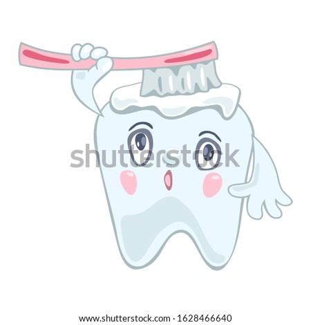 Funny tooth looking intently upward and cleaning, whitening itself with pink toothbrush and toothpaste. Daily oral hygiene, dental care. Vector cartoon illustration isolated on white background.