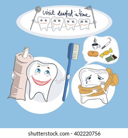 funny tooth showing how to care about teeth, holding toothpaste and toothbrush.Vector  illustration.Element for your design, logo, poster, etc.