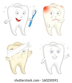 Funny tooth with toothbrush. Caries. Toothache. Vector illustration. Isolated on white background