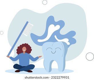 funny tooth with toothbrush, paste, floss, sad molar with cavity or dental tool. Vector illustration for dental care.