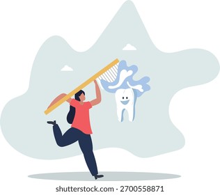 dente engraçado com escova de dentes, pasta, fio dental, molar triste com cavidade ou ferramenta.vida dental e emprego de pessoas.