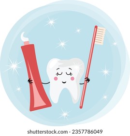 Funny tooth with toothbrush and toothpaste