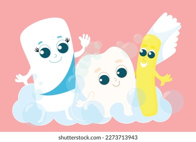 Funny tooth and toothbrush and toothpaste in toothpaste bubbles. The tooth is happy and smiling. Care and health of children's teeth.