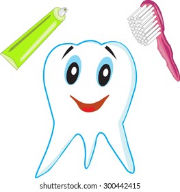 Funny tooth with a toothbrush and toothpaste on white background