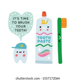 Funny tooth with toothpaste and toothbrush. Colorful vector illustration. Tooth says an important phrase about dental health.