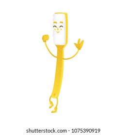 Funny toothbrush character smiling and dancing - dental health and oral care concept isolated on white background. Cartoon vector illustration of dental hygiene and protection.