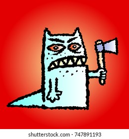 Funny toothed red monster with an axe in his hand. Vector illustration. Genre of horror. Scary character on red background