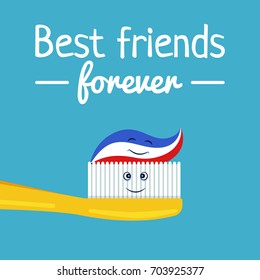 Funny toothpaste and toothbrush. Vector illustration. Friend forever.