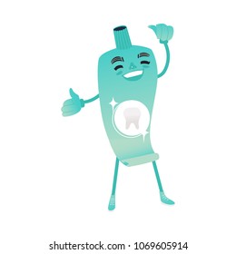 Funny toothpaste tube character smiling - dental health and oral care concept isolated on white background. Cartoon vector illustration of dental hygiene and healthcare, good habit.