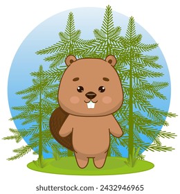 A funny toothy beaver stands in a spruce forest. Beaver in kawaii style. Kawaii style. Vector illustration of drawings, prints and patterns. Isolated illustration for children on a white background