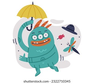 Funny Toothy Monster Walking with Umbrella in Rainy Day Vector Illustration