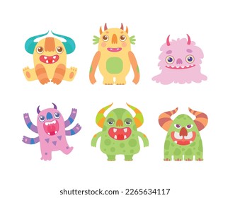 Funny Toothy Monsters with Horns and Open Mouth Vector Set