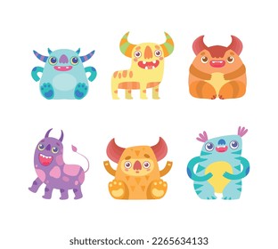 Funny Toothy Monsters with Horns and Open Mouth Vector Set