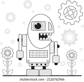 Funny toothy robot on the background of gears 