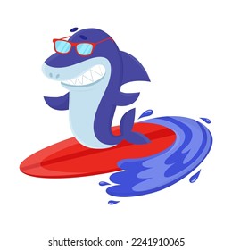 Funny toothy shark with glasses surfing, enjoying outdoor activity. Cute animal character on surfboard cartoon illustration. Summer, extreme water sport concept