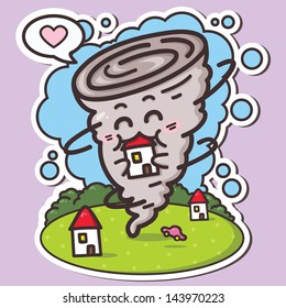 funny tornado. vector illustration of kawaii tornadoes which is eating house