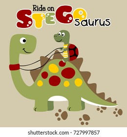 Funny tortoise ride on dinosaur, vector cartoon illustration