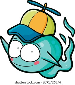 Funny tosca green bubble ghost wearing hat with propeller