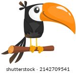 Funny toucan cartoon sitting on the tree. Vector bird illustration