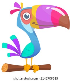 Funny toucan cartoon sitting on the tree. Vector bird illustration