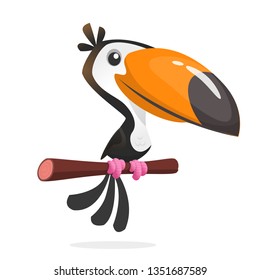 Funny toucan cartoon. Vector toucan bird sitting on the branch. Illustration isolated