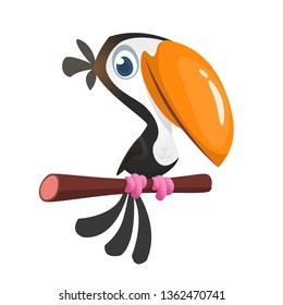 Funny toucan cartoon. Vector toucan bird sitting on the branch. Illustration isolated