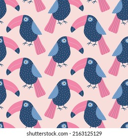 Funny toucan hand drawn vector illustration. Cute exotic bird in flat style. Seamless pattern for kids fabric or wallpaper.