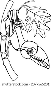 A funny toucan sits on a branch and holds a nut in its beak. Tropical fauna of southern Mexico, Venezuela and Colombia. Keel-billed toucan. Ramphastos sulfuratu.  Vector illustration. Cartoon style.  