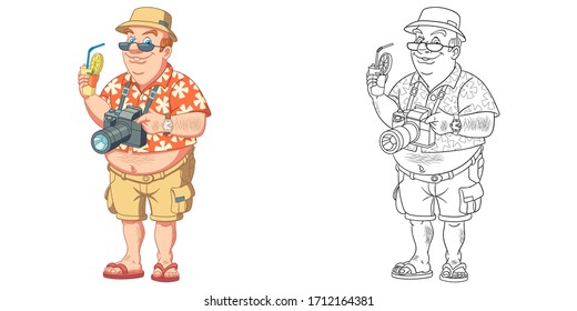 Funny tourist, happy traveler on summer vacations. Coloring page and colorful clipart character. Cartoon design for t shirt print, icon, logo, label, patch or sticker. Vector illustration.