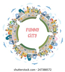 Funny town round frame - design element with the houses