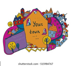 Funny town scene background for kids - vector graphic illustration