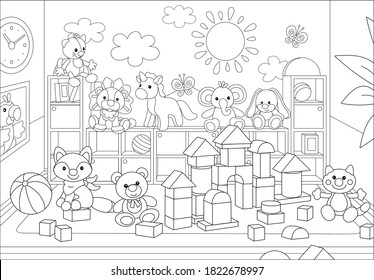 Funny toy animals and bricks in a playroom of a kindergarten, black and white vector cartoon illustration for a coloring book page