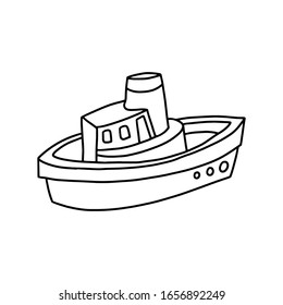 
Funny toy boat in black outline style on a white background. Children's toy. Coloring book for children. Vector illustration.