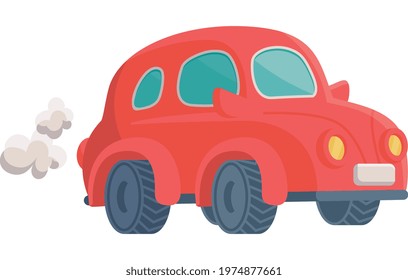 Funny toy car blows out puffs of smoke, flat cartoon vector illustration isolated on white background. Red child toy automobile for children prints and games.