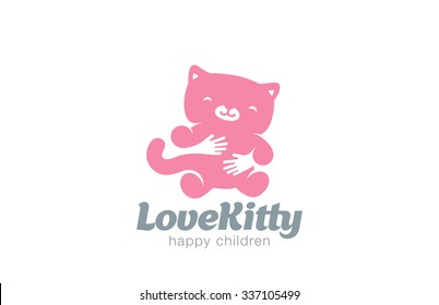 Funny Toy Cat Embrace Logo design vector template. Negative space icon. Animal Kitty Home pet Logotype Children store concept.