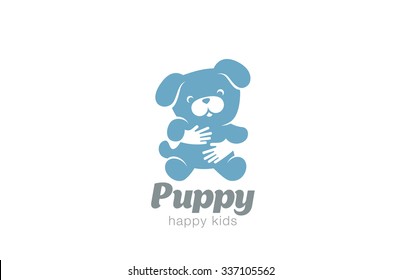 Funny Toy Dog Embrace Logo design vector template. Negative space doggy icon. Animal Puppy Home pet Logotype Children store concept.