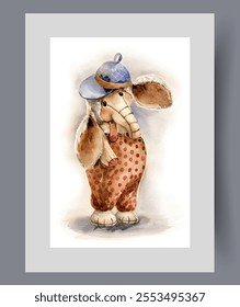 Funny toy elephant made of plush material for children games on wall art. Watercolor artwork. Print with toy elephant with big ears in cap and overalls, in frame with decor for poster