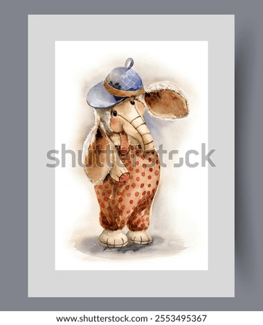 Funny toy elephant made of plush material for children games on wall art. Watercolor artwork. Print with toy elephant with big ears in cap and overalls, in frame with decor for poster