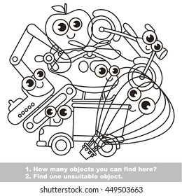 Funny toy machines mishmash set in vector outlined to be colored. Find all hidden objects on the picture. Easy educational kid game. Simple level of difficulty. Visual game for children.