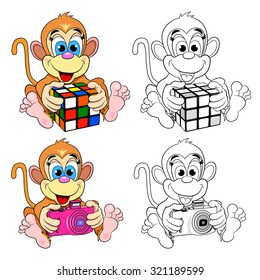 Funny toy monkey with a colored cube and a camera. Color picture and a coloring book.