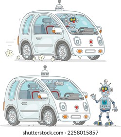 Funny toy robot driving a cute small electric car, vector cartoon illustrations isolated on a white background